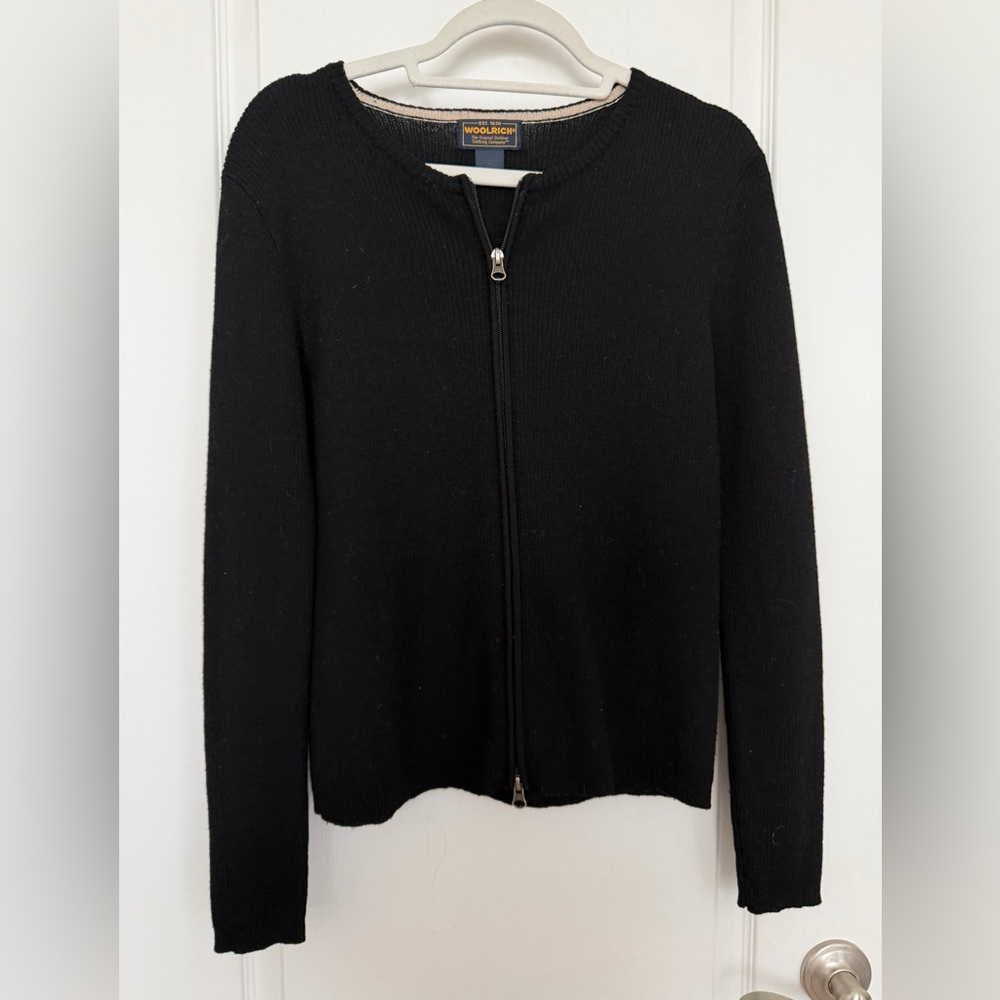 Y2K Women’s Woolrich Black Double Zipper-Front Knit Wool Cardigan Sz Medium